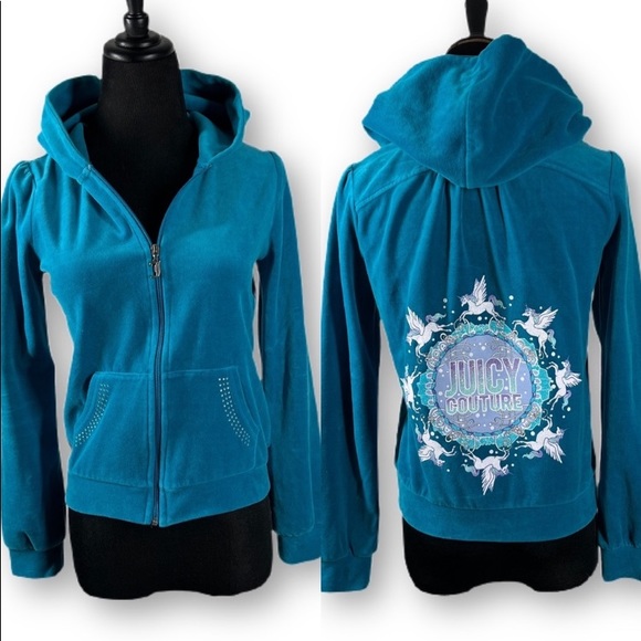 Juicy Couture Sweaters - JUICY COUTURE Y2K Teal Blue Velour  HOODIE Tracksuit JACKET Unicorns XL JUNIORS